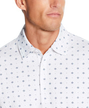 Short Sleeve Allover Print Jersey Polo In White, featuring a compass mini print and a classic collar.