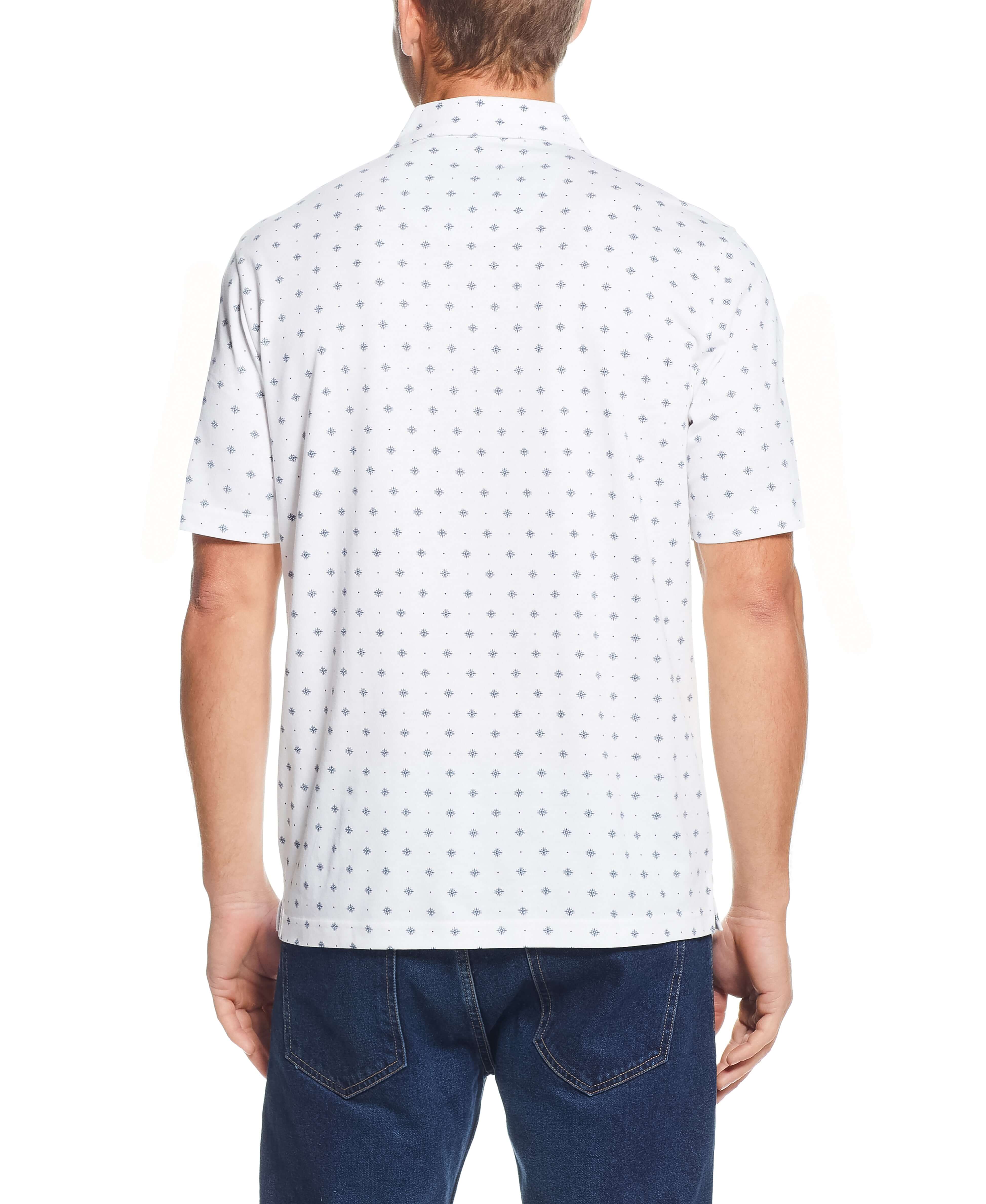 Back view of Short Sleeve Allover Print Jersey Polo In White featuring compass mini print design.
