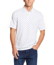Short Sleeve Allover Print Jersey Polo In White worn by a model, featuring a compass mini print and a classic polo collar.