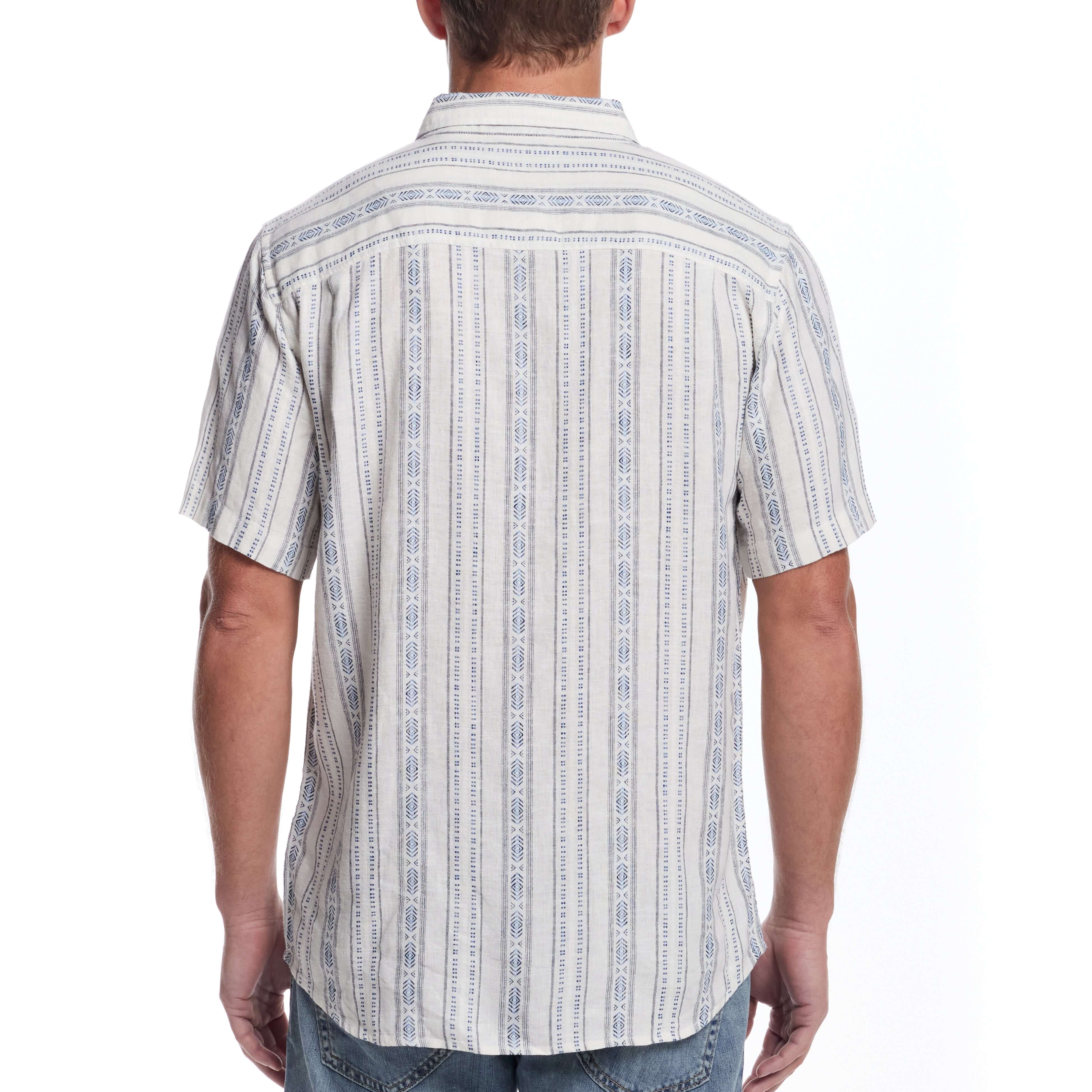 Back view of Short Sleeve Aztec Dobby Shirt in Azure Blue, showcasing vertical dobby stripes and classic fit.