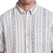 Short Sleeve Aztec Dobby Shirt in Azure Blue with button-down collar and vertical stripe pattern.