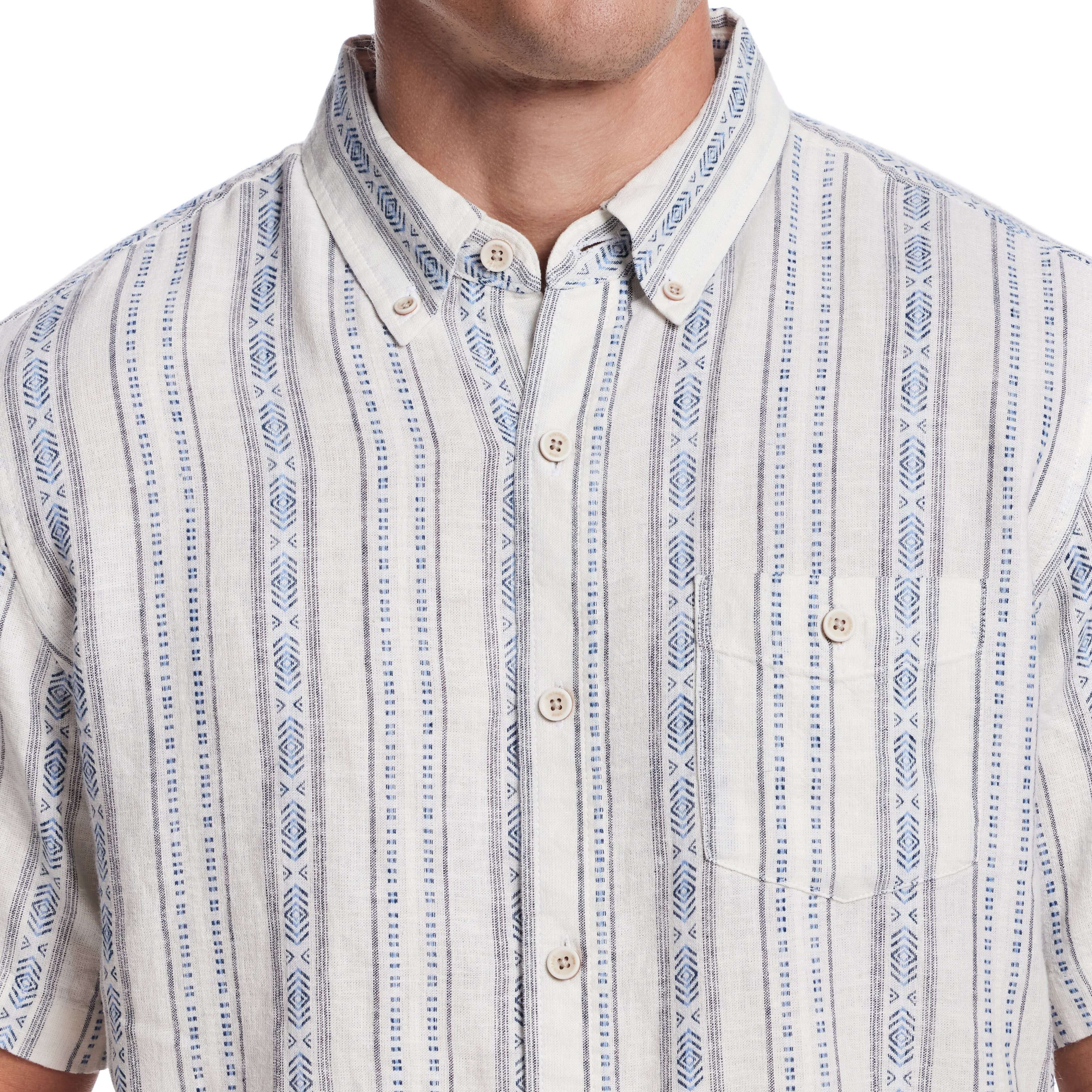 Short Sleeve Aztec Dobby Shirt in Azure Blue with button-down collar and vertical stripe pattern.