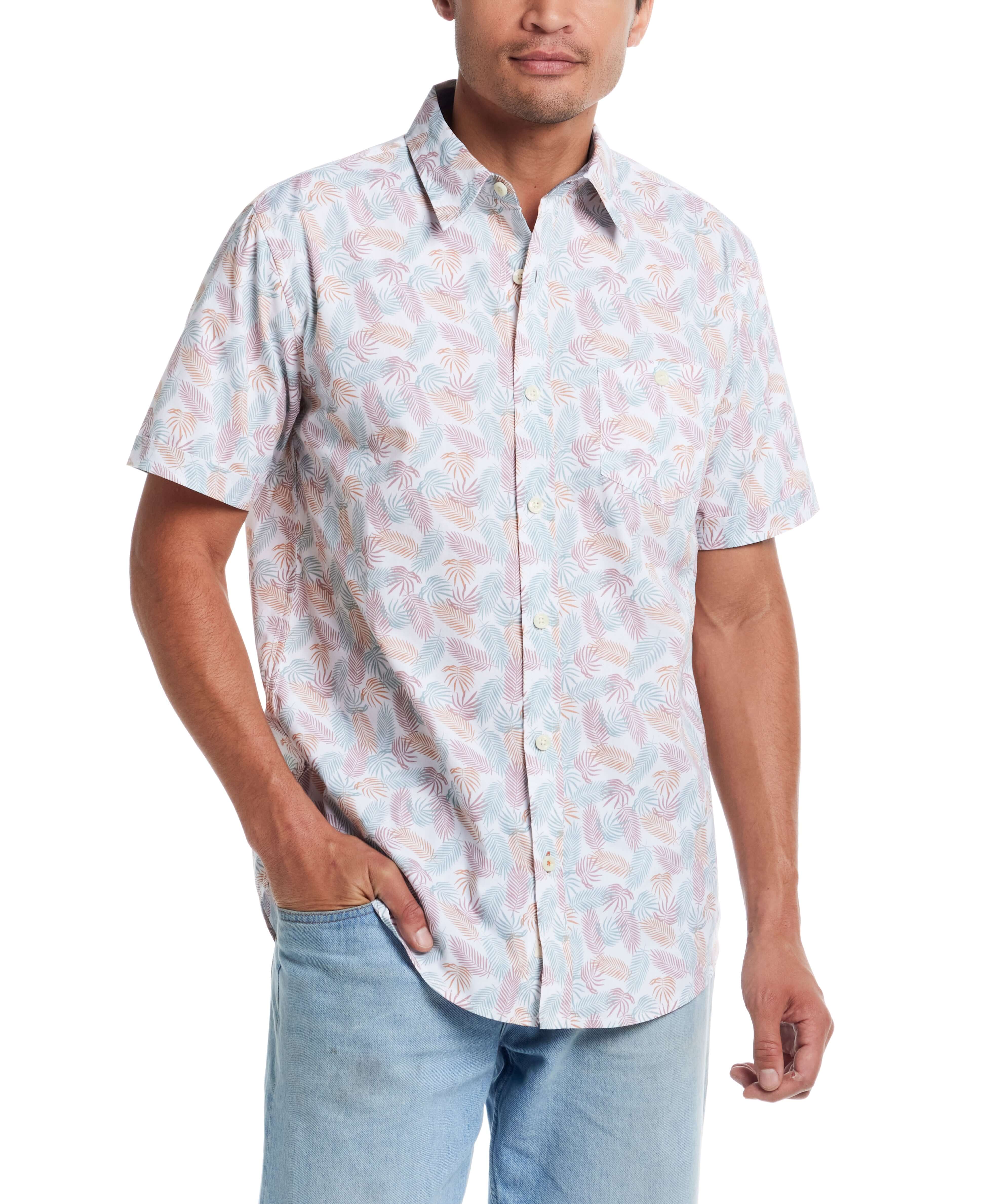 Short sleeve cotton poplin shirt in lavender leaf, featuring classic fit and button-down details.