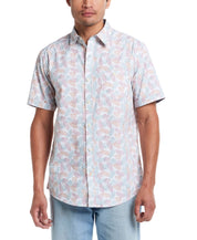Short sleeve cotton poplin shirt in lavender leaf pattern, featuring cuffed sleeves and a classic fit.