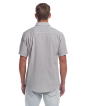 Back view of a man in a short sleeve cotton poplin shirt, showcasing a classic fit and cuffed sleeves.