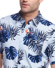 Men's short sleeve cotton shirt featuring a vibrant palm leaf print and button-down chest pocket, perfect for a casual look.