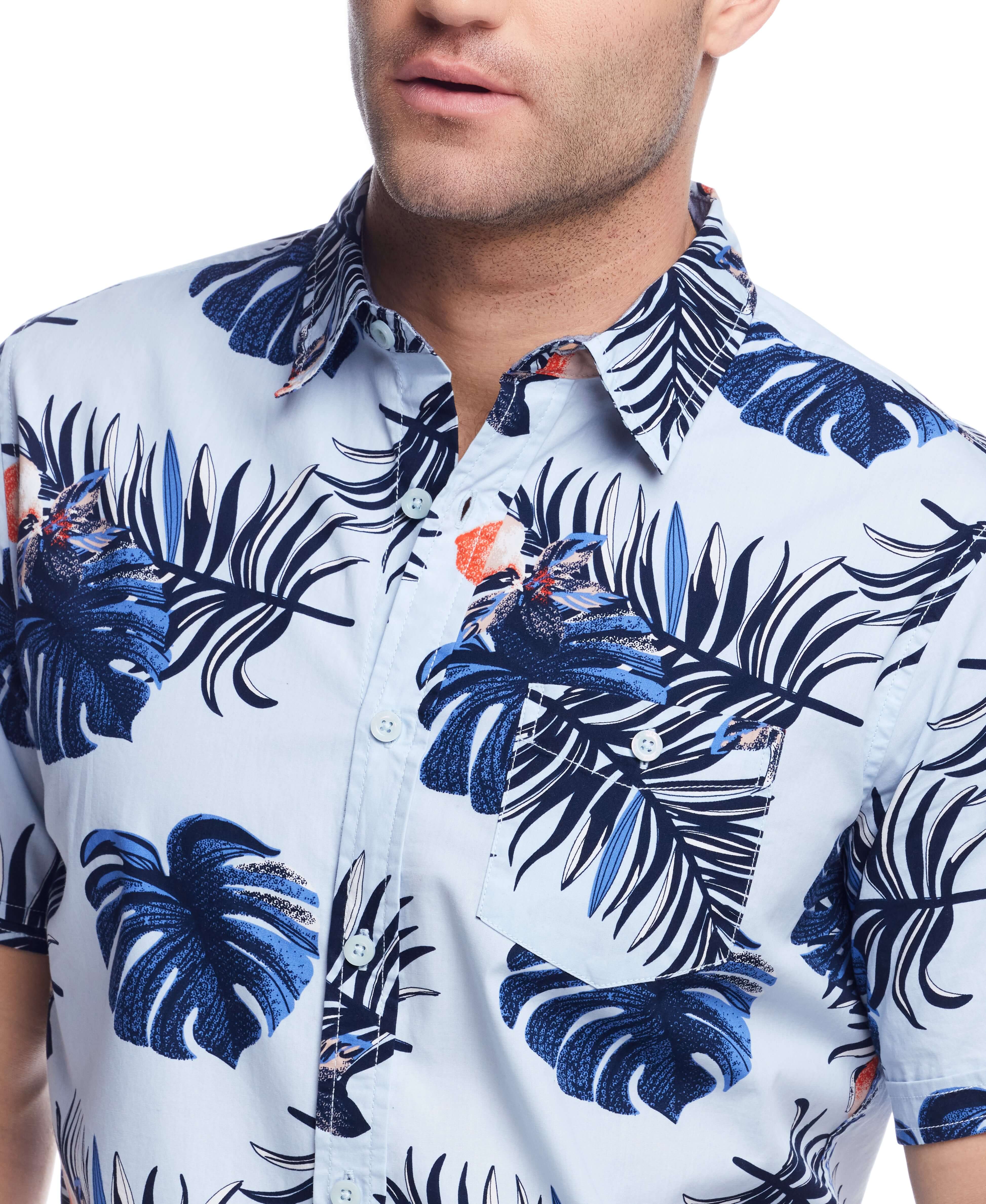 Men's short sleeve cotton shirt featuring a vibrant palm leaf print and button-down chest pocket, perfect for a casual look.