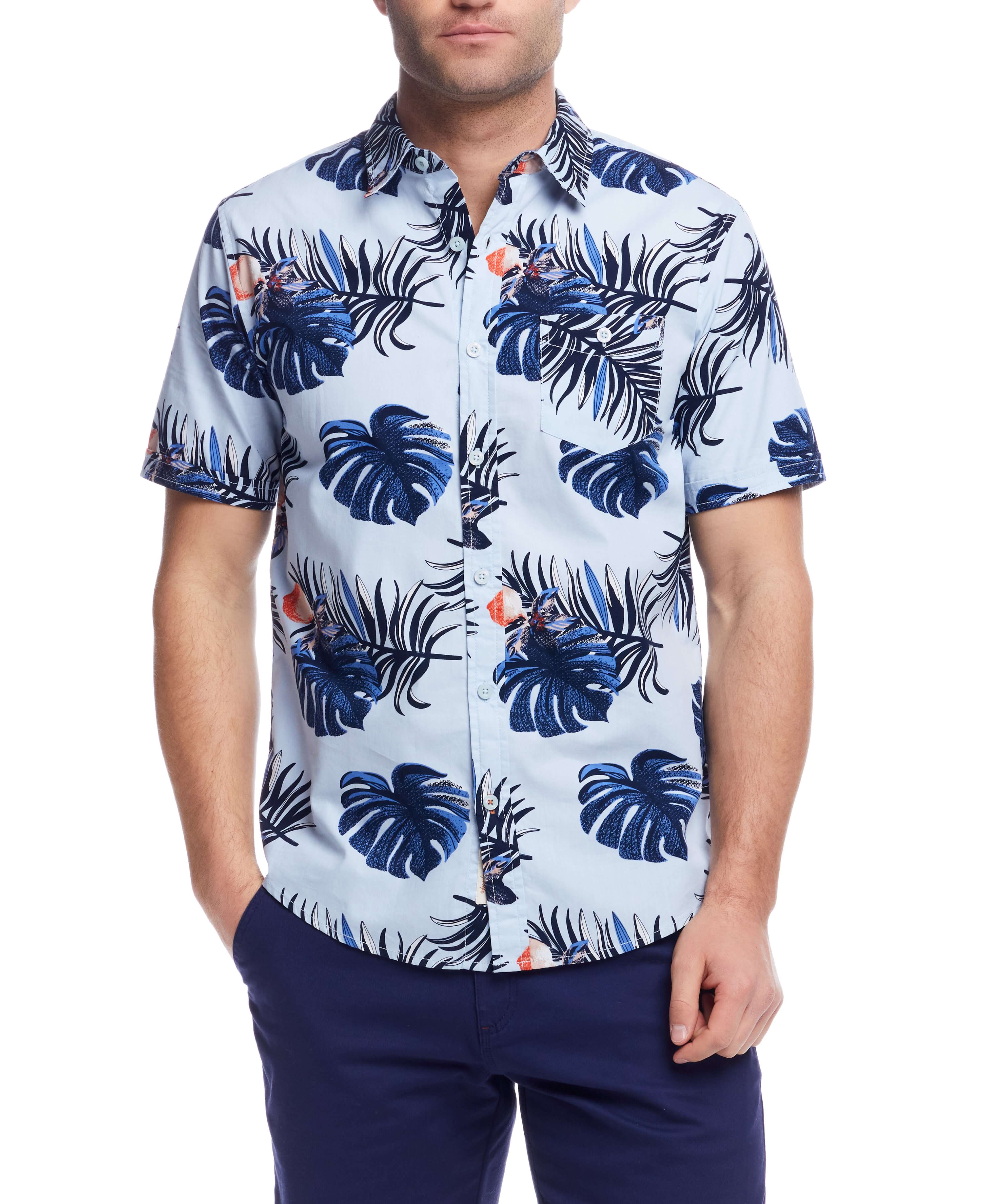 Men's short sleeve tropical shirt featuring a blue palm leaf print, perfect for casual summer outings.