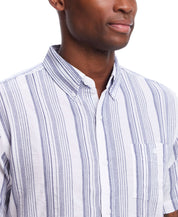 Short Sleeve Cotton Shirt With Ticking Stripe In Cloud featuring embroidered details and button down collar.