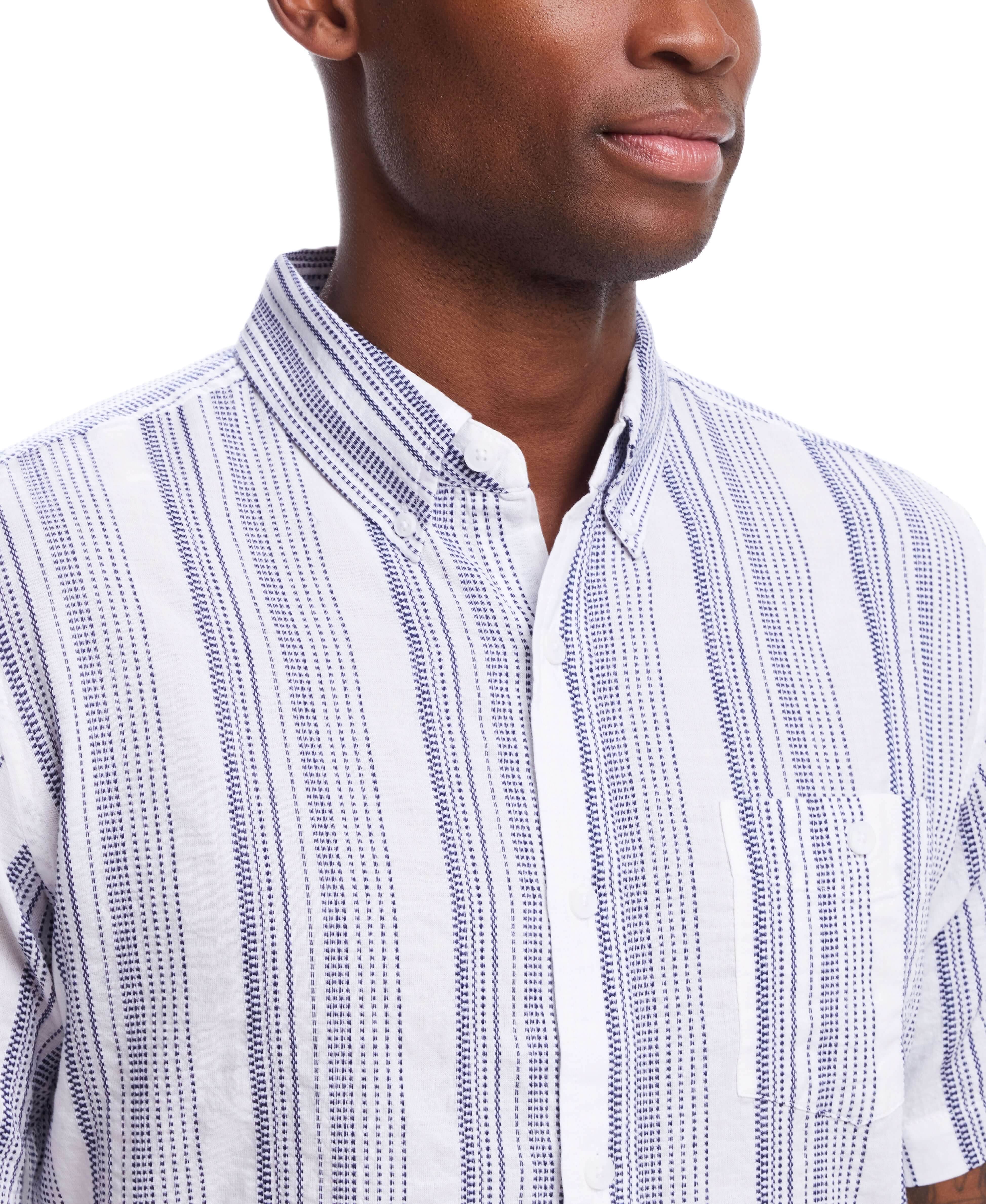 Short Sleeve Cotton Shirt With Ticking Stripe In Cloud featuring embroidered details and button down collar.