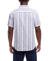 Short Sleeve Cotton Shirt With Ticking Stripe In Cloud shown from the back, featuring a button down collar and striped pattern.