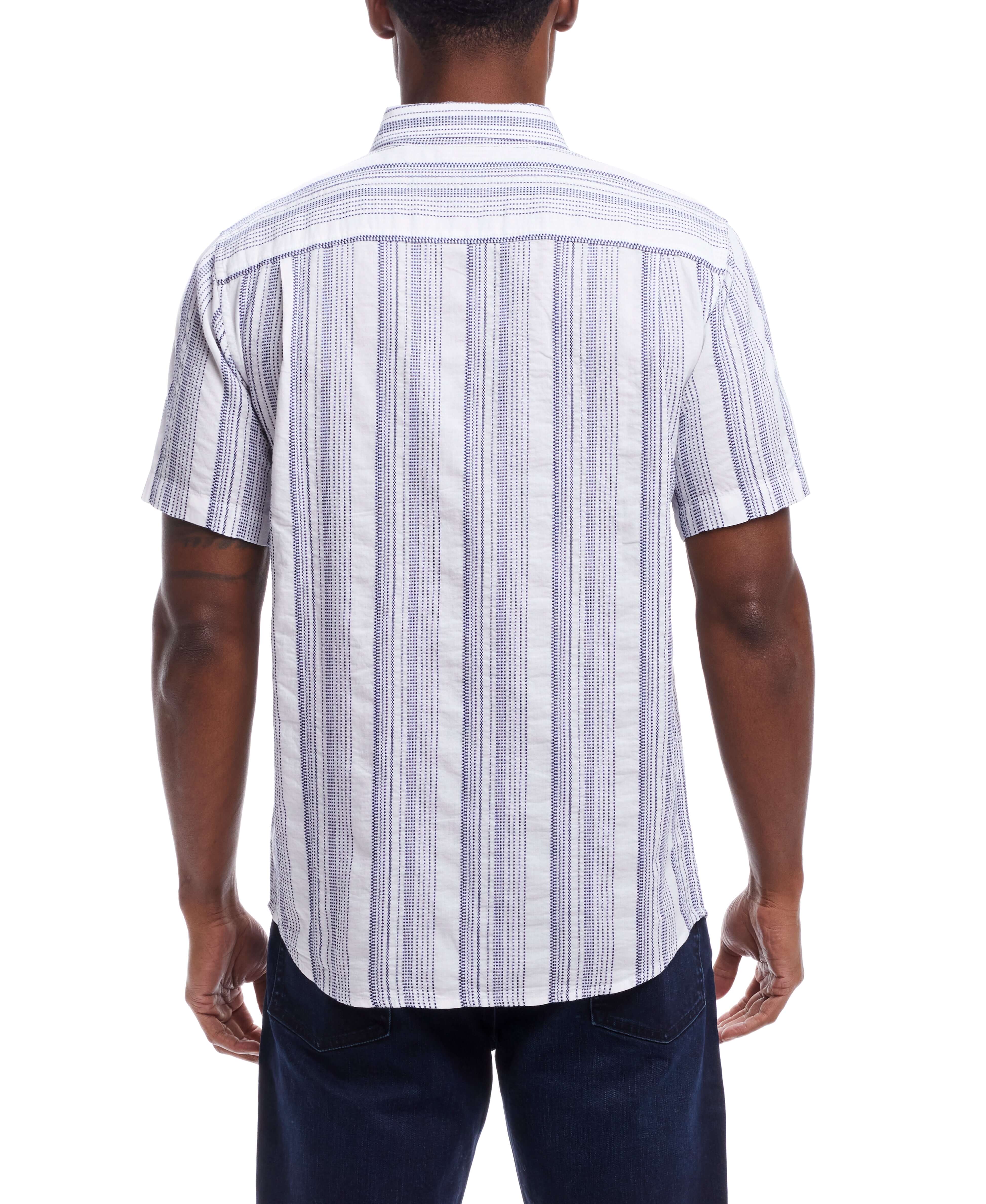 Short Sleeve Cotton Shirt With Ticking Stripe In Cloud shown from the back, featuring a button down collar and striped pattern.