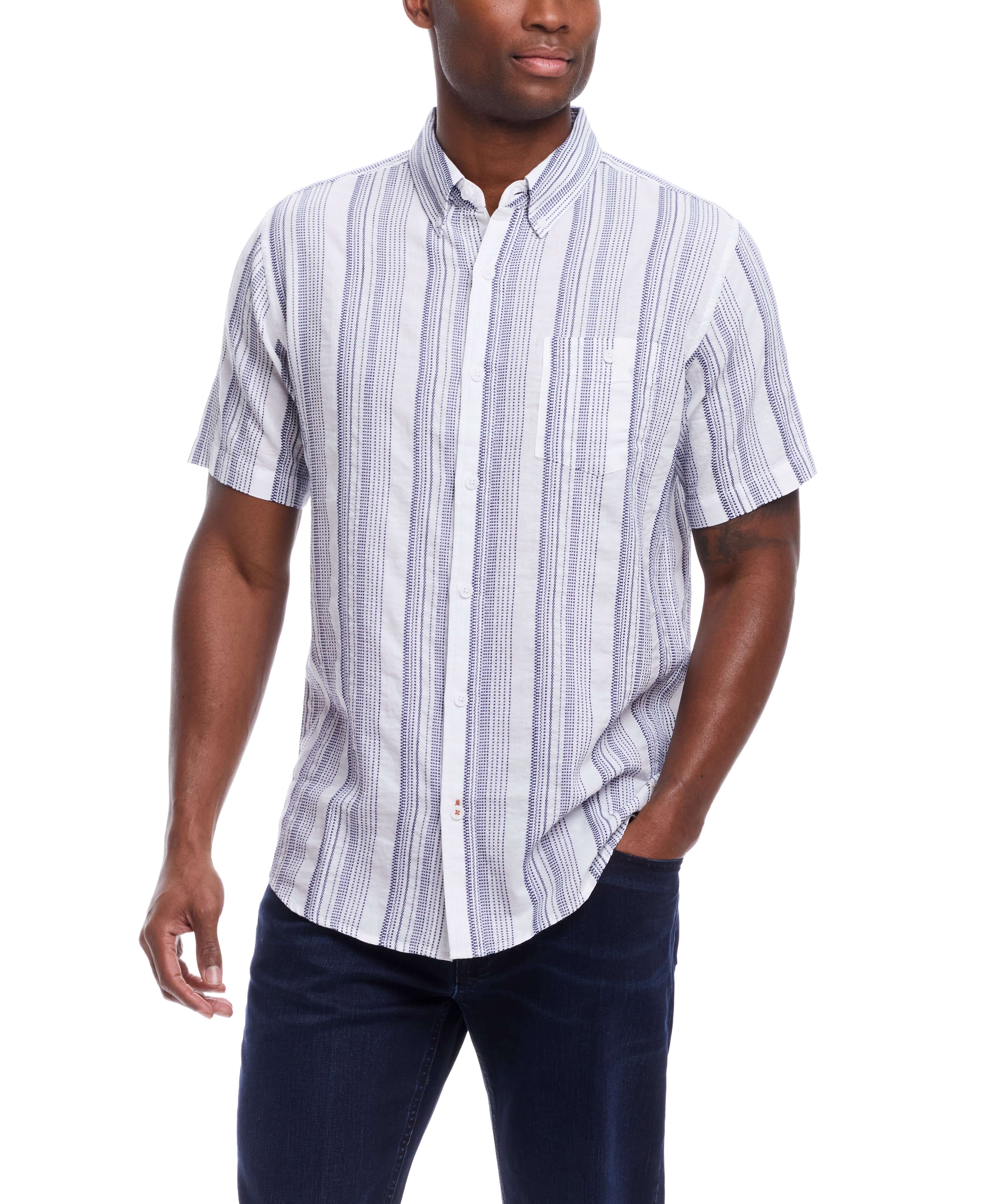 Short Sleeve Cotton Shirt With Ticking Stripe In Cloud worn by a model, featuring a button down collar and chest pocket.
