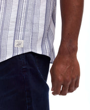 Short Sleeve Cotton Shirt With Ticking Stripe In Cloud featuring intricate embroidery and a button down collar.