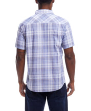 Short Sleeve End-On-End Plaid In Kentucky Blue shown from the back view highlighting its relaxed fit and short sleeves.