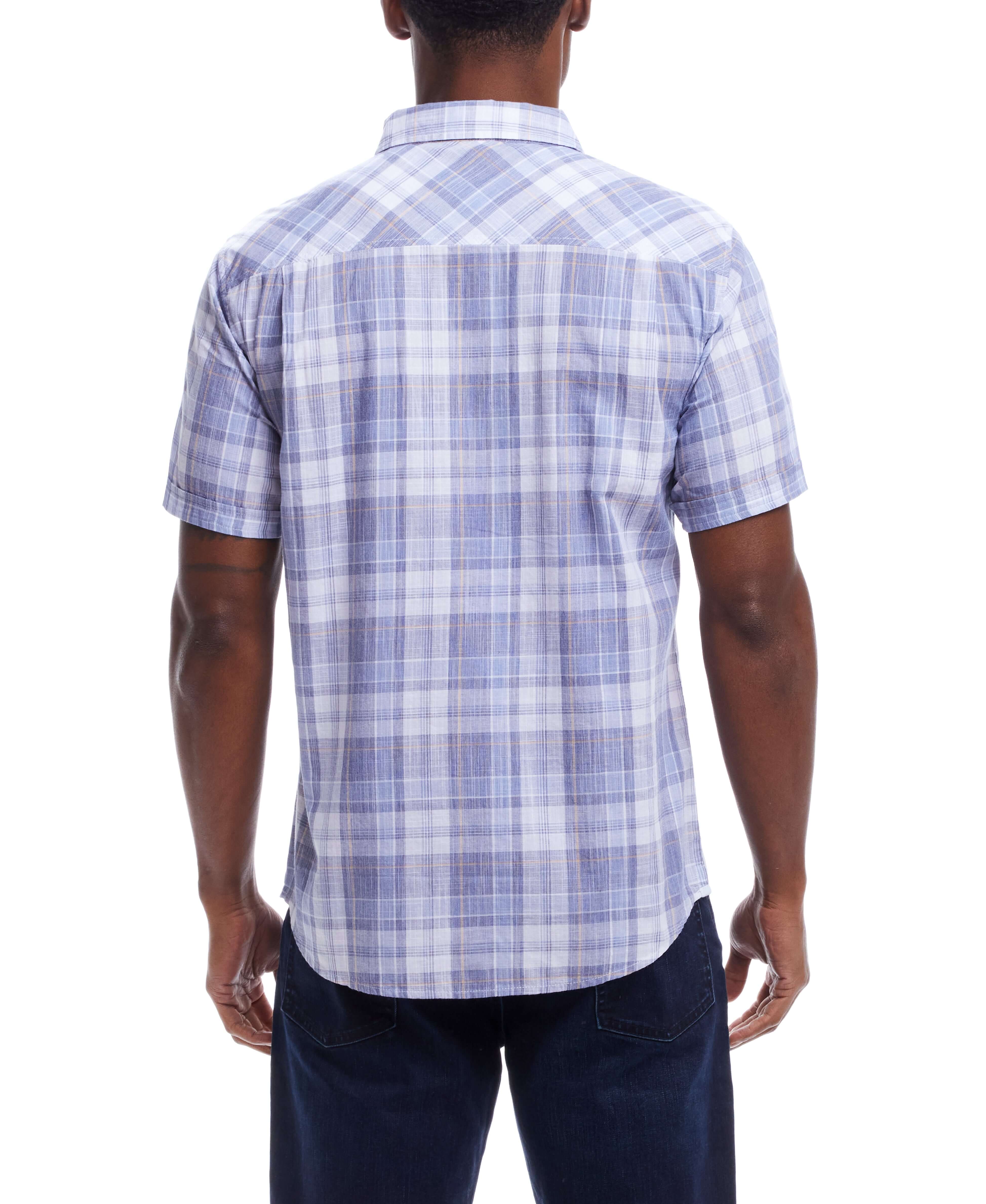 Short Sleeve End-On-End Plaid In Kentucky Blue shown from the back view highlighting its relaxed fit and short sleeves.
