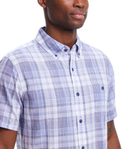 Short Sleeve End-On-End Plaid In Kentucky Blue, showing relaxed fit and button-down collar, featuring subtle heathered effect.