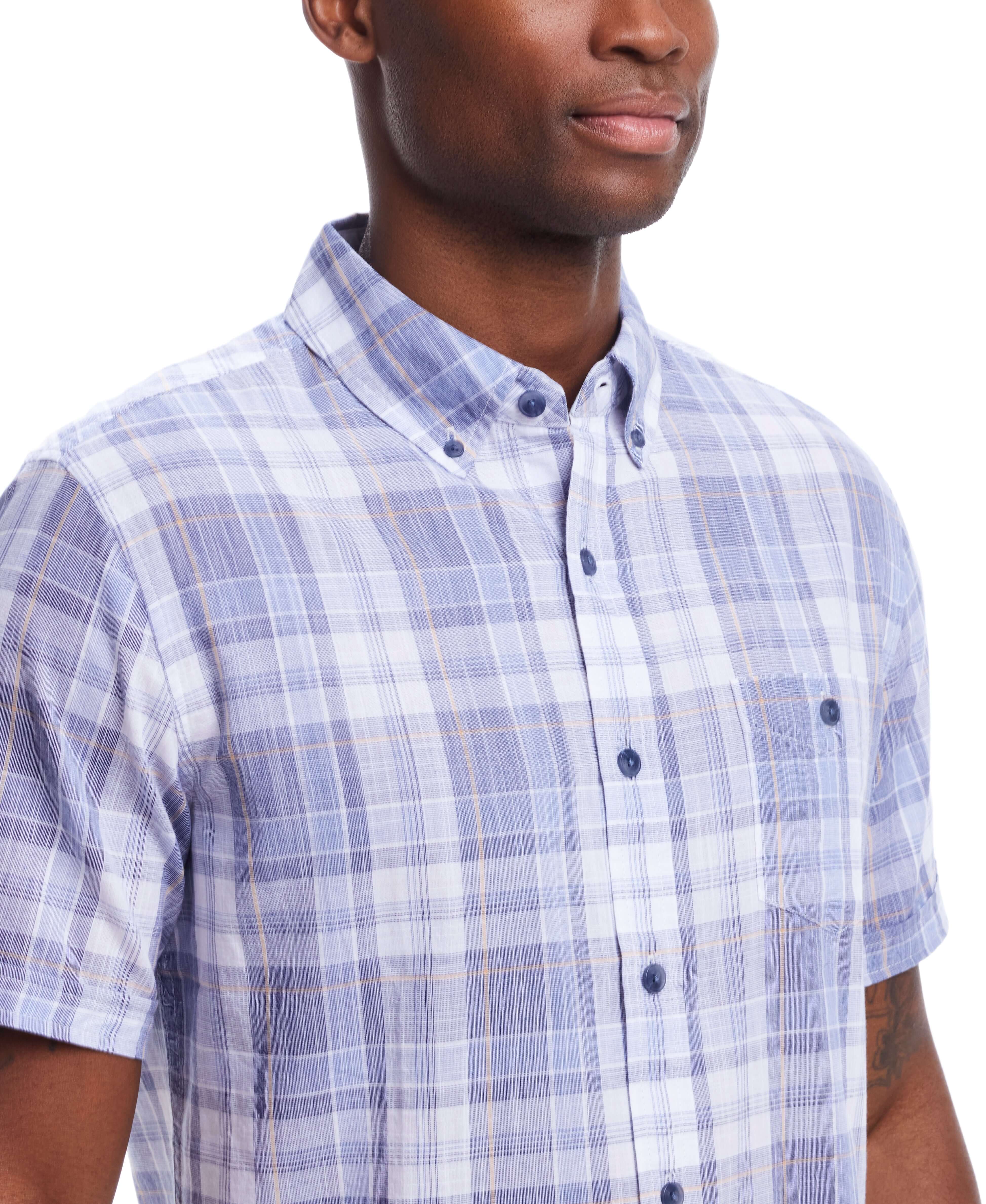 Short Sleeve End-On-End Plaid In Kentucky Blue, showing relaxed fit and button-down collar, featuring subtle heathered effect.