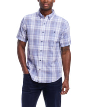 Short Sleeve End-On-End Plaid In Kentucky Blue worn by a model, showcasing its relaxed fit and stylish design.