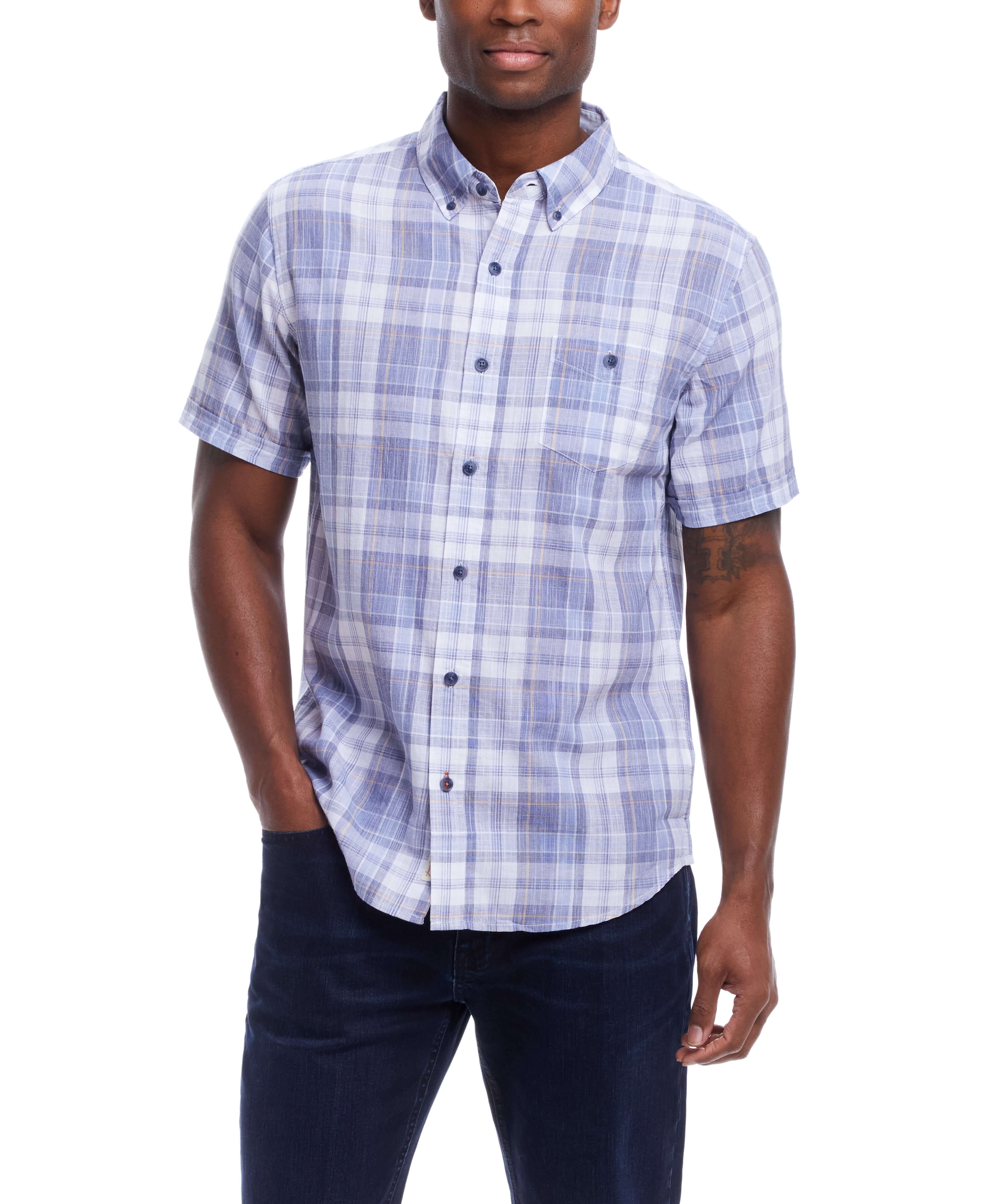 Short Sleeve End-On-End Plaid In Kentucky Blue worn by a model, showcasing its relaxed fit and stylish design.