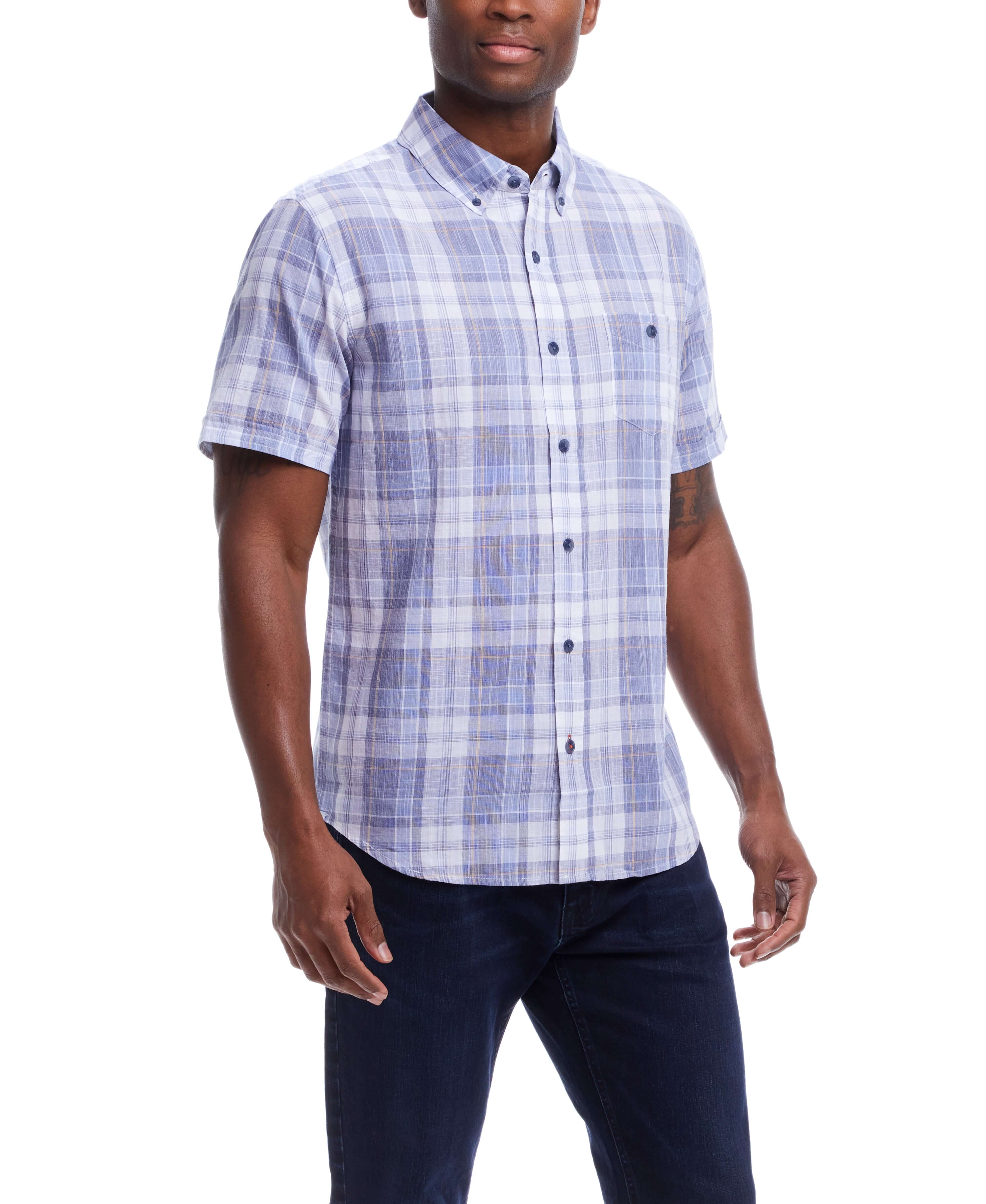 Short Sleeve End-On-End Plaid In Kentucky Blue worn by a man in a relaxed fit, showcasing its subtle heathered effect.