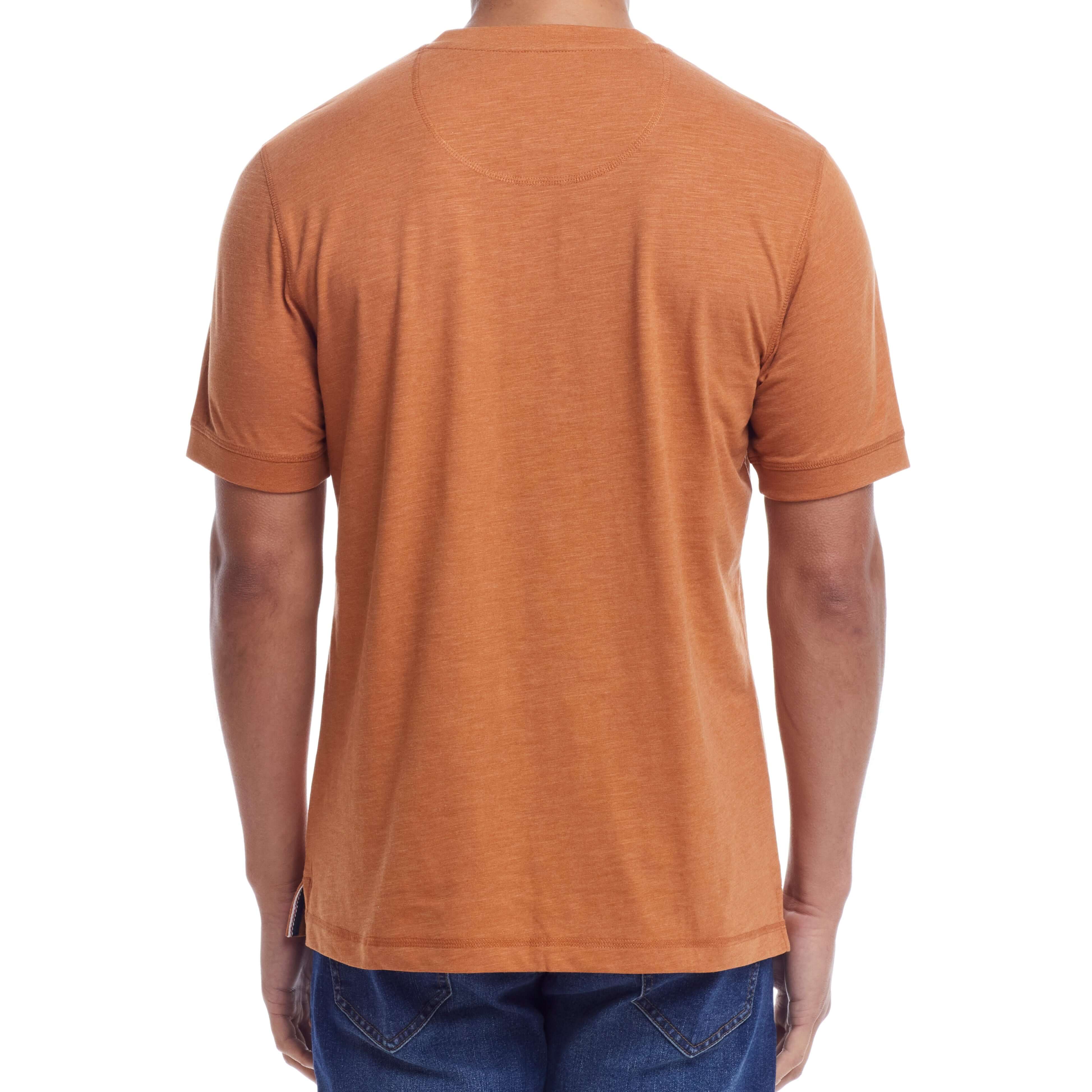 Back view of a man wearing a short sleeve melange henley shirt in adobe color, showcasing its classic fit and rib-knit details.