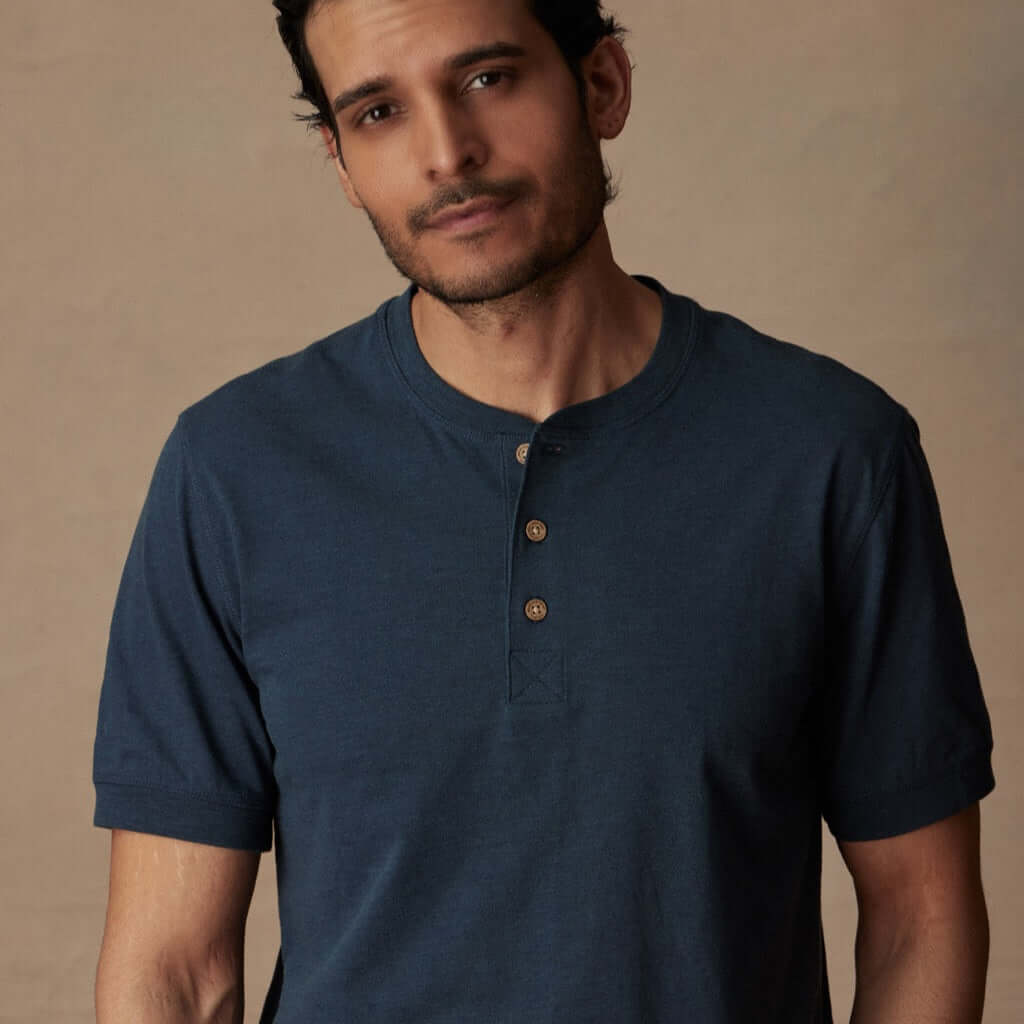 Short sleeve melange henley shirt in deep cobalt, featuring a 3 button placket and comfortable fit.