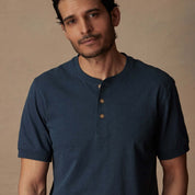 Short sleeve melange henley shirt in deep cobalt, featuring a 3 button placket and comfortable fit.