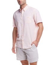 Men's short sleeve linen cotton shirt in light tangerine, perfect for laidback summer styling.
