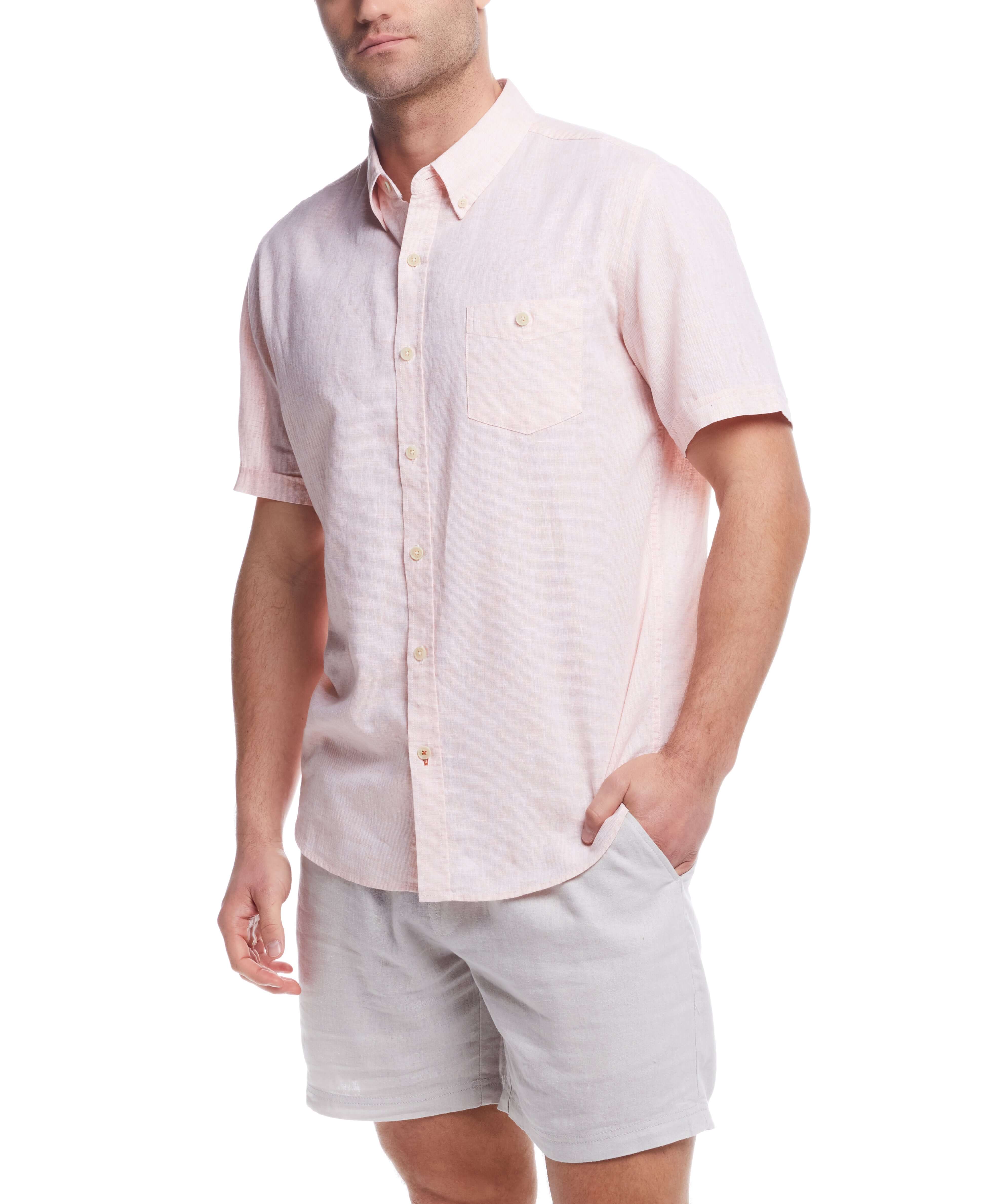 Men's short sleeve linen cotton shirt in light tangerine, perfect for laidback summer styling.