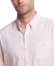 Short sleeve solid linen cotton shirt in tangerine, perfect for laidback style and year-round comfort.