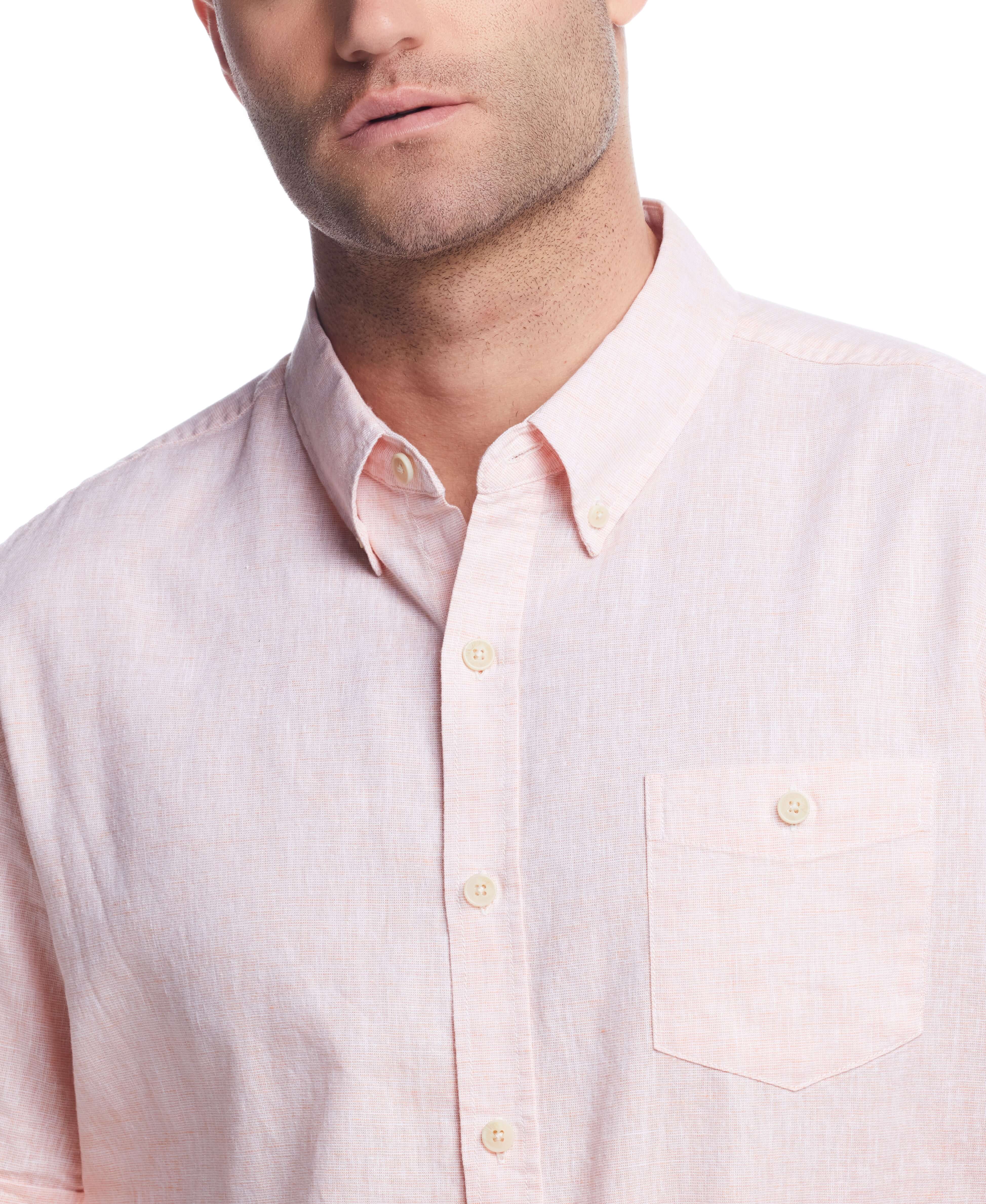 Short sleeve solid linen cotton shirt in tangerine, perfect for laidback style and year-round comfort.