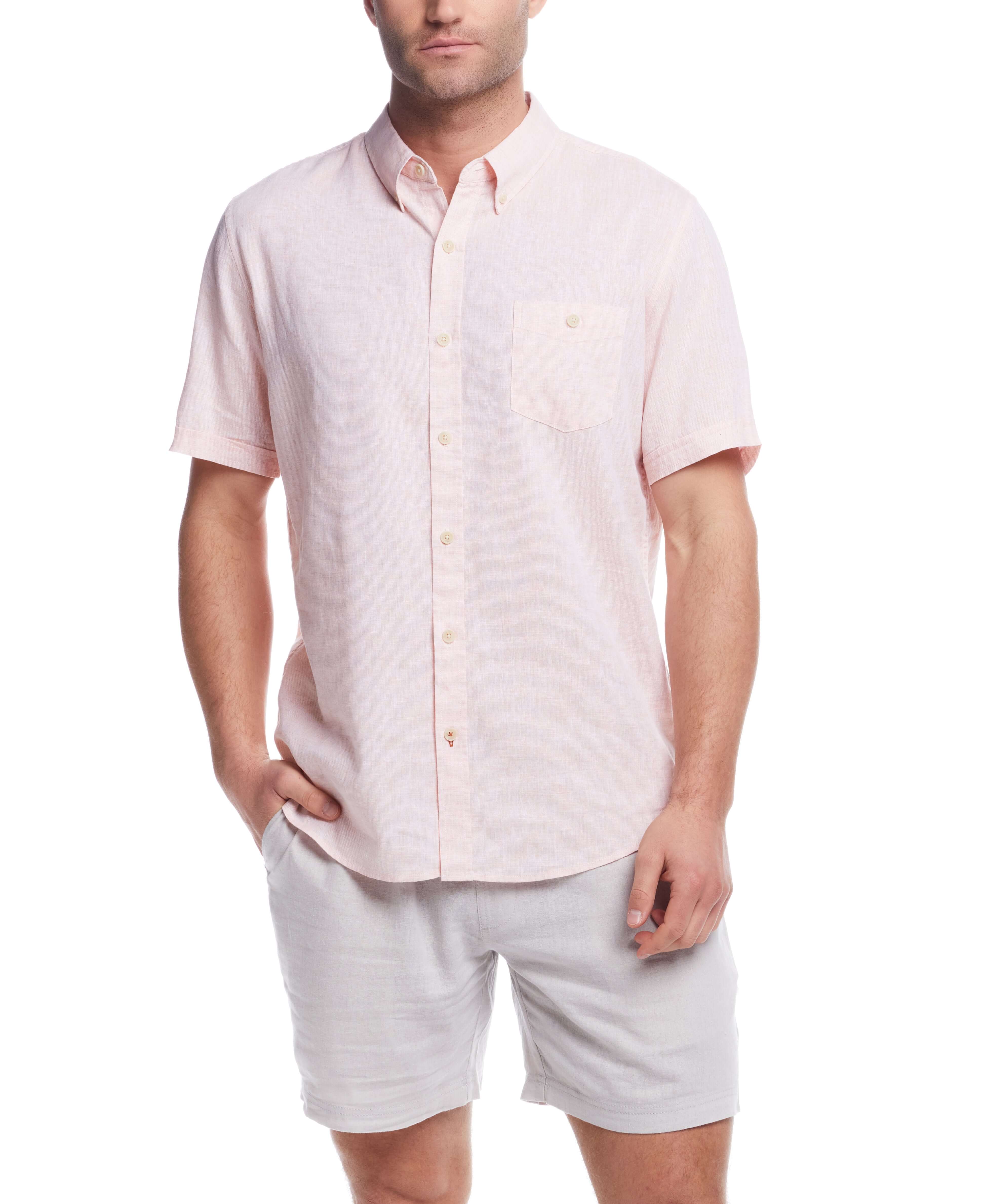 Men's short sleeve solid linen cotton shirt in light pink, perfect for laidback summer style.