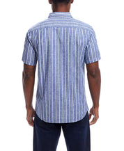 Short Sleeve Striped Cotton Button Down Shirt In Monaco Blue, back view showcasing the striped design and button down collar.