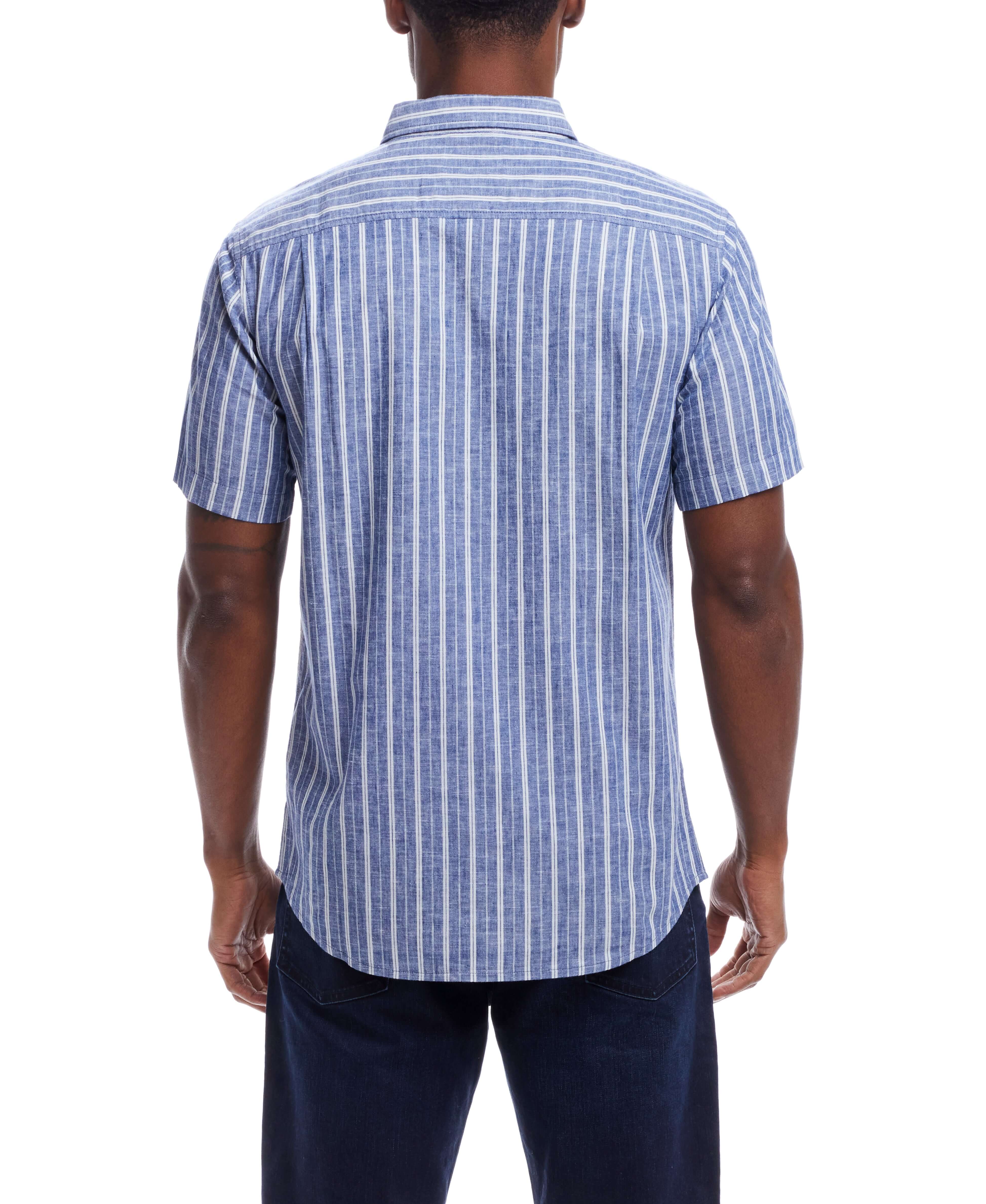 Short Sleeve Striped Cotton Button Down Shirt In Monaco Blue, back view showcasing the striped design and button down collar.