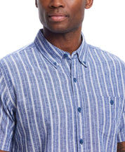Short Sleeve Striped Cotton Button Down Shirt In Monaco Blue worn by a man with a button down collar and chest pocket.