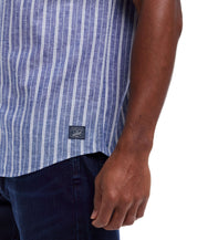 Short Sleeve Striped Cotton Button Down Shirt In Monaco Blue detail showing fabric and fit, regular-fit with button down collar.