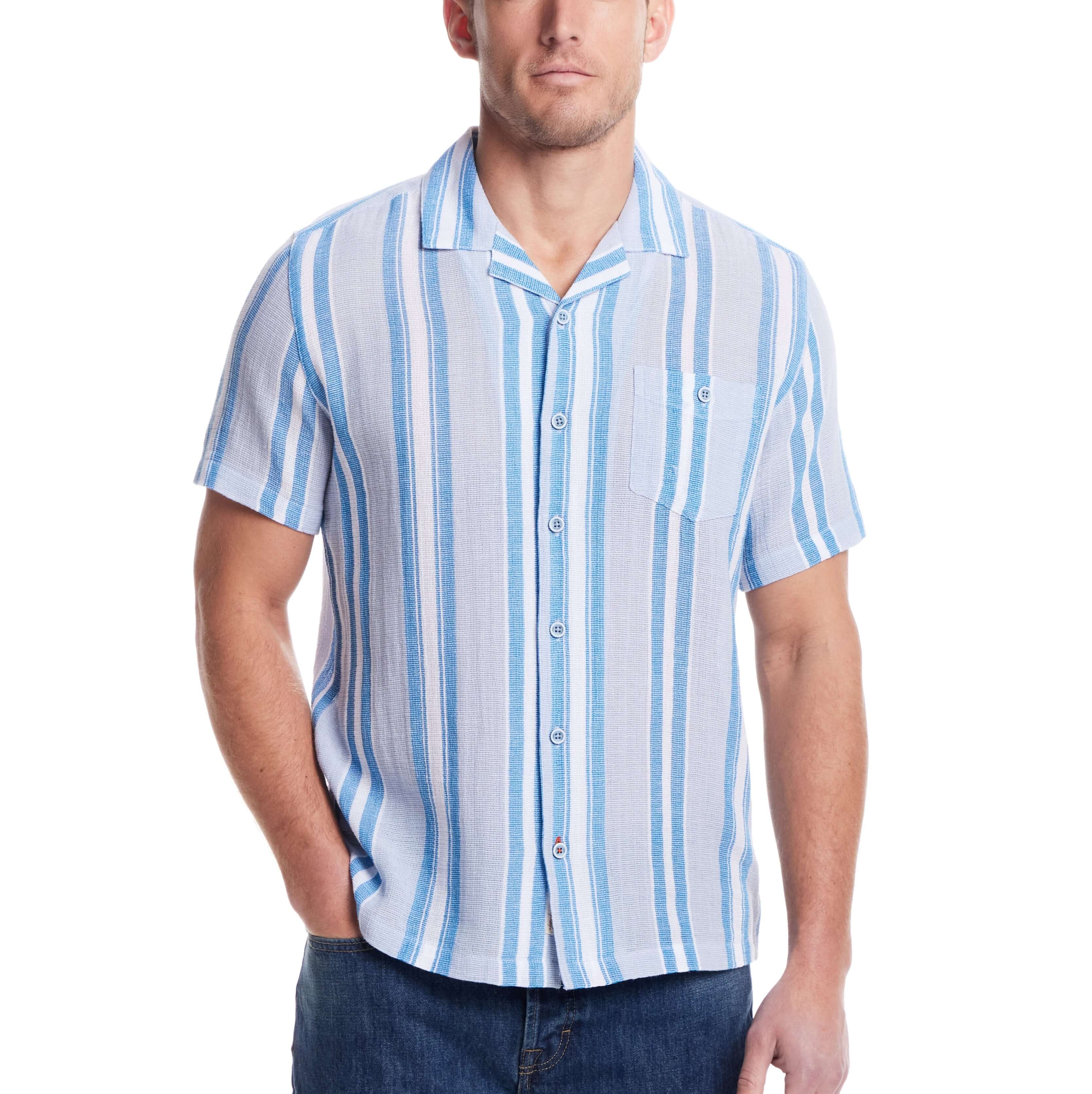 Model wearing a Short Sleeve Waffle Woven shirt in Pacific Coast with a camp collar and button-down pocket.