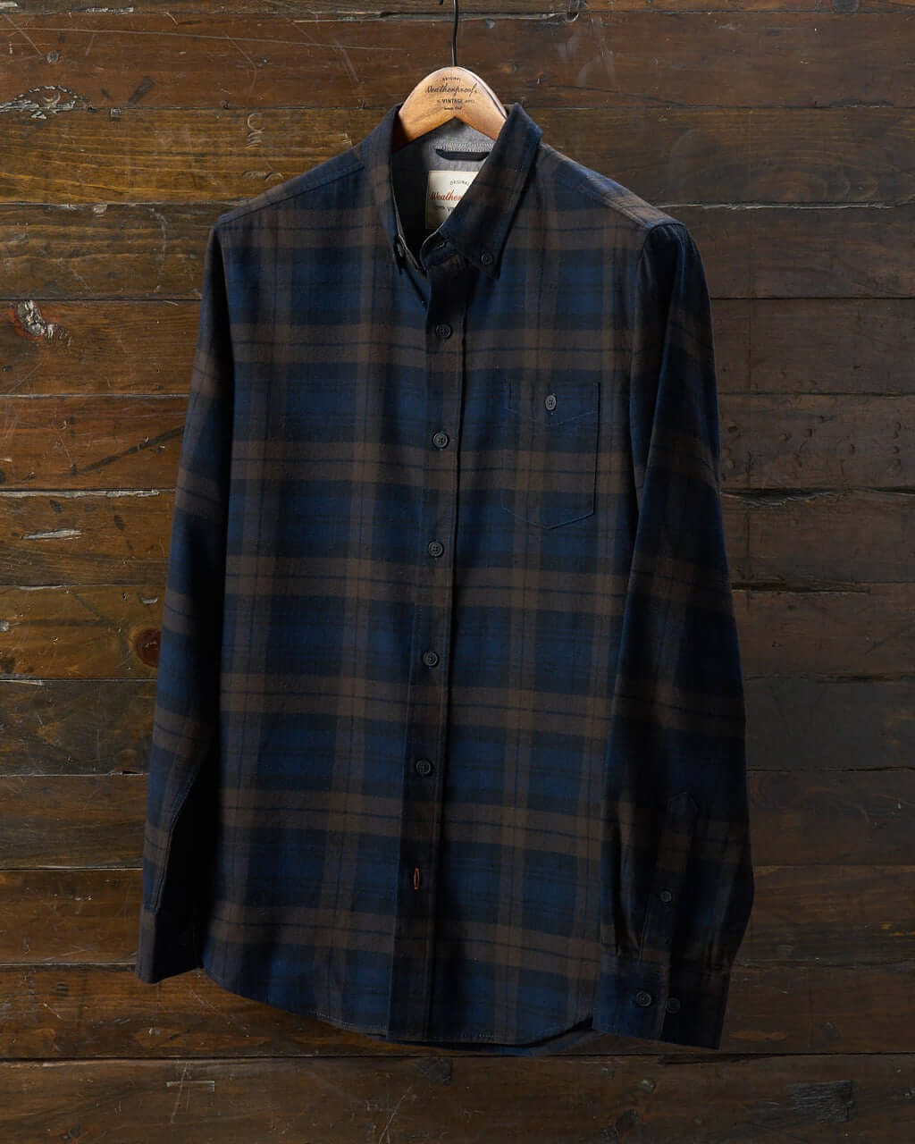 Long sleeve brushed flannel shirt in toffee with classic plaid pattern, featuring button-down collar and breast pocket.
