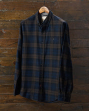 Long sleeve brushed flannel shirt in toffee with classic plaid pattern, featuring button-down collar and breast pocket.