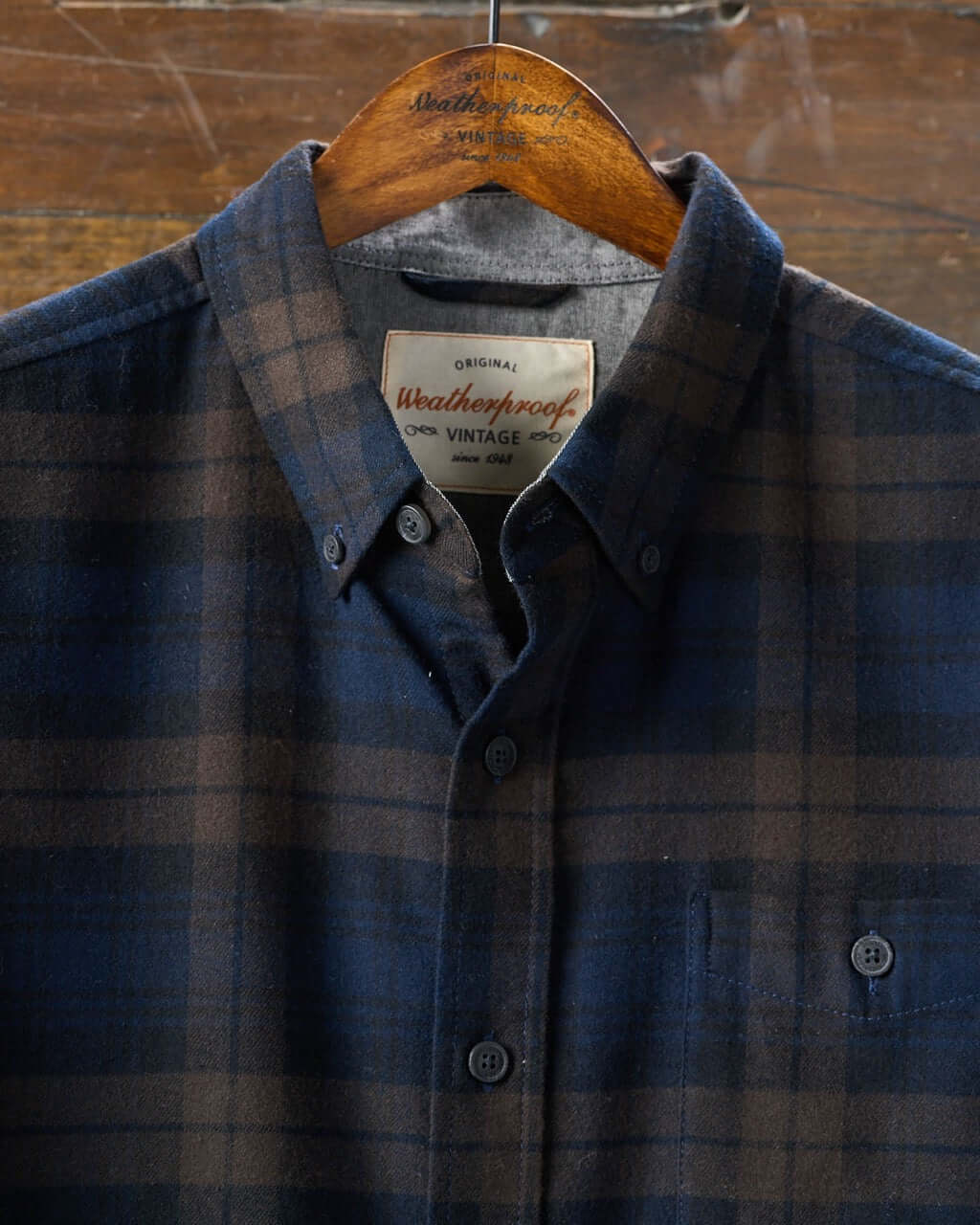 Long sleeve brushed flannel shirt in toffee with plaid pattern, featuring button down collar and chest pocket.