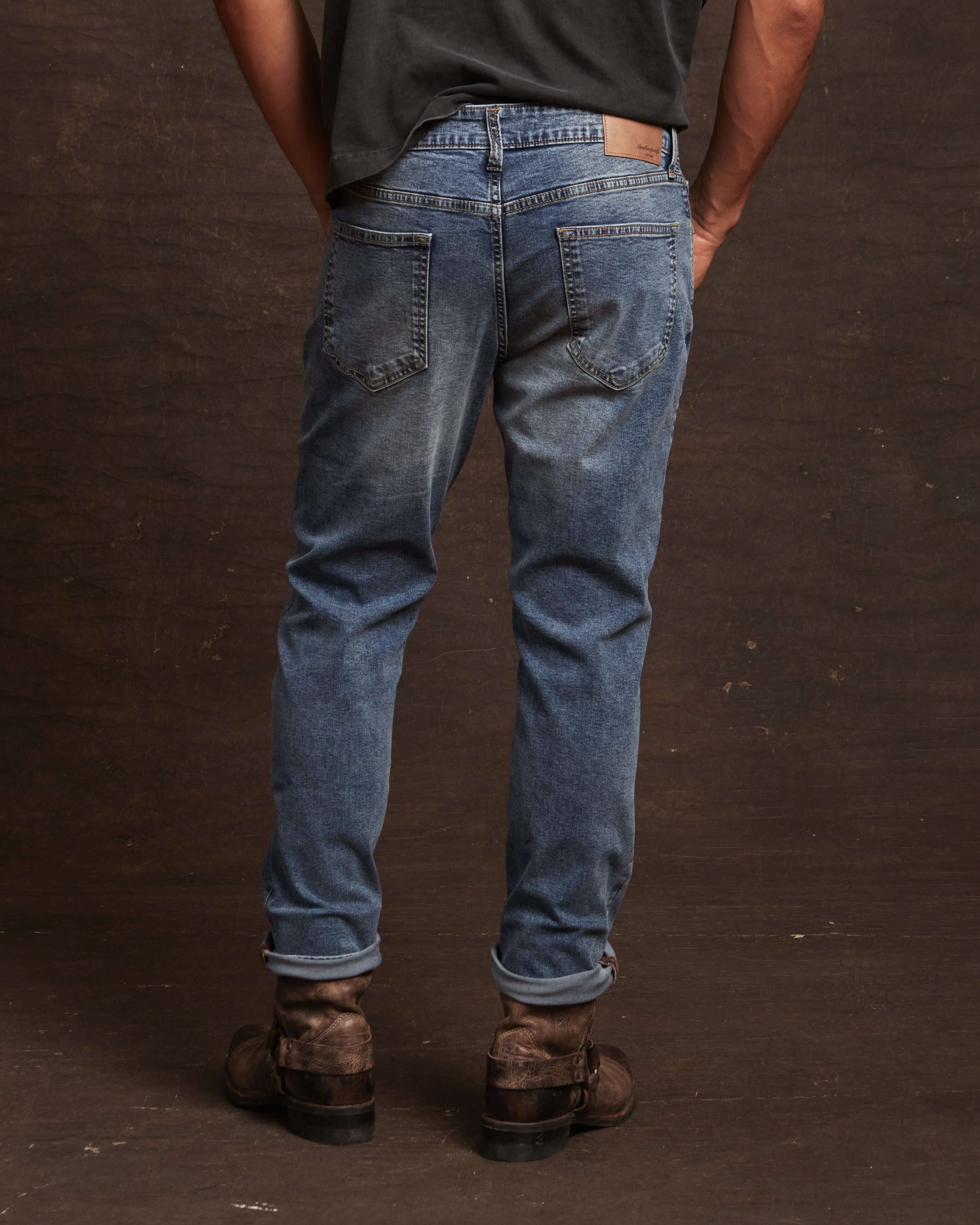 Men's slim fit denim jeans in Cracked Ice, showcasing a straight cut and comfortable All-Way stretch for optimal fit.