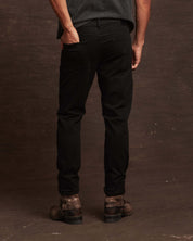 Slim fit jet black denim jeans showcasing a comfortable stretch fit, designed for a polished look from the back.