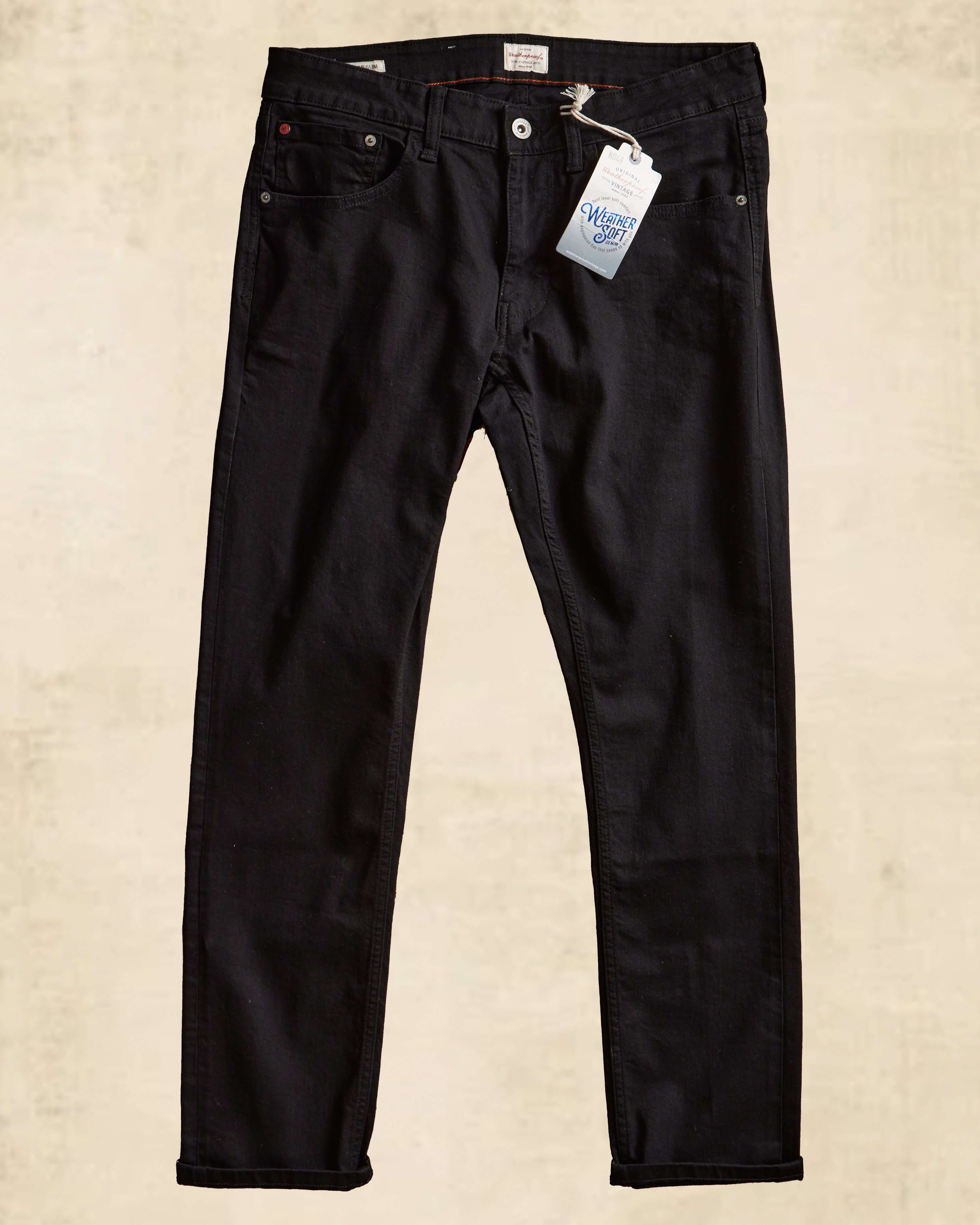 Slim fit jet black denim jeans made with premium cotton and 2% spandex for comfort and style.