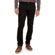 Slim fit denim jeans in jet black showcasing a stretch fit for comfort and a polished look, styled with a casual gray top.