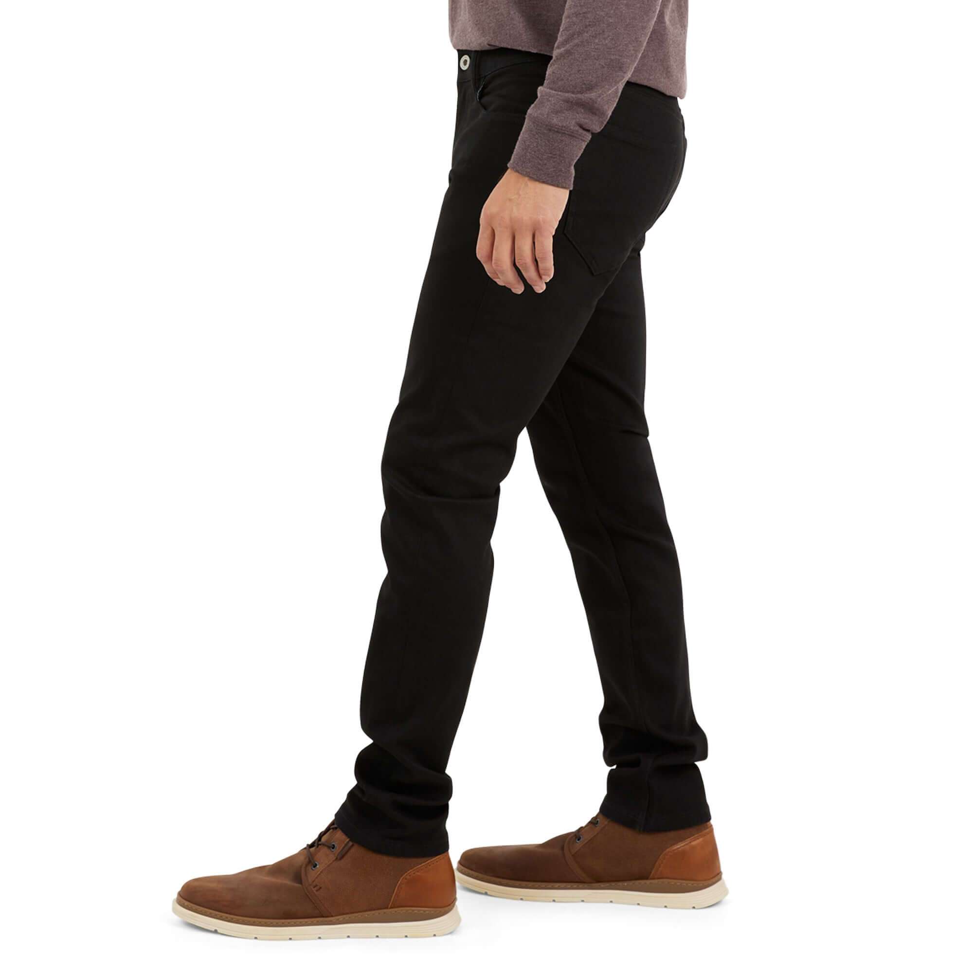 Slim fit jet black denim jeans showcased on model, highlighting comfortable stretch fit and modern design.