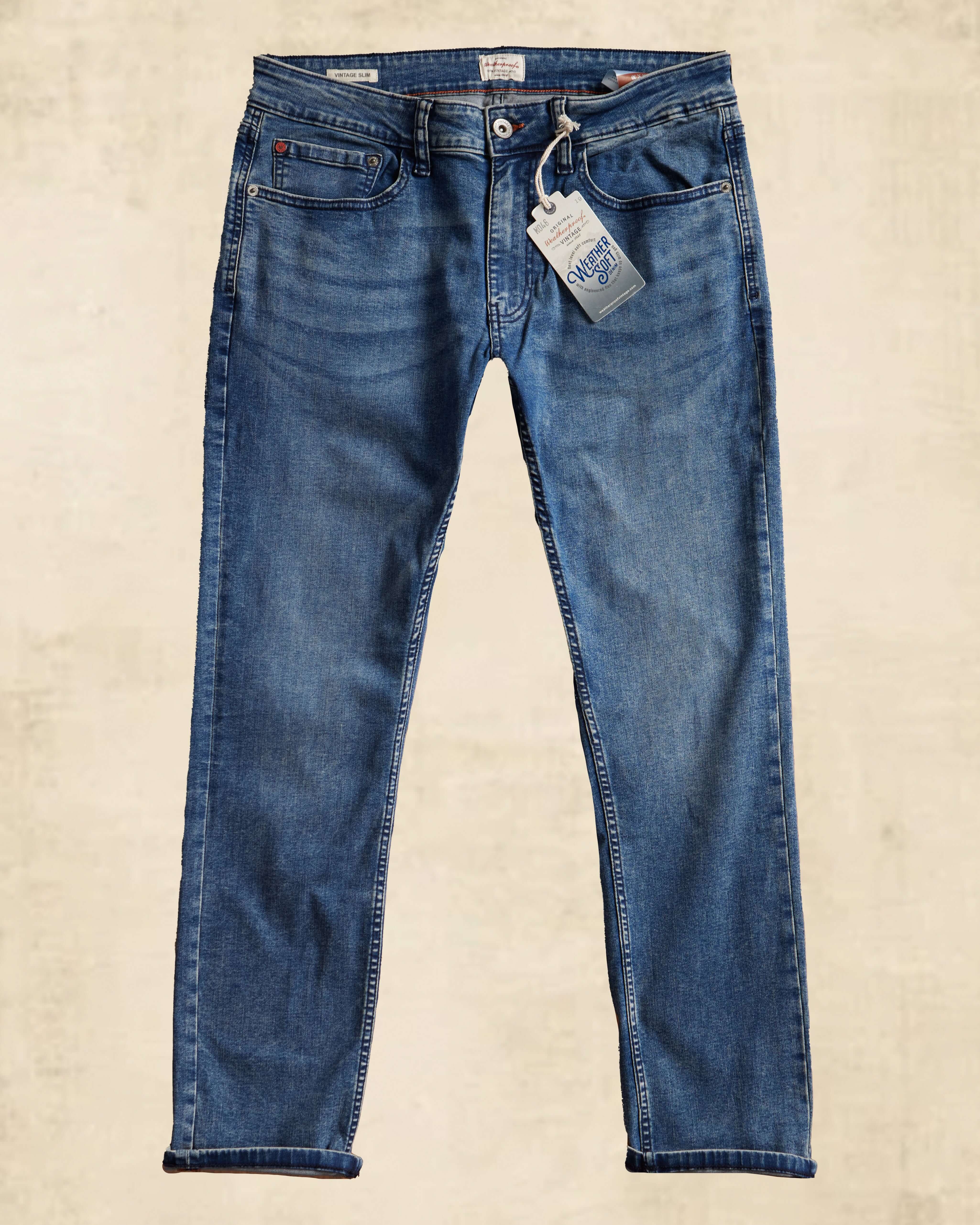 Slim fit denim jeans in Niagara with all-way stretch and premium cotton, showcasing comfort and style for men.