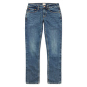 Slim fit denim jeans in rocker blue, featuring all-way stretch for comfort and a modern straight fit from knee down.