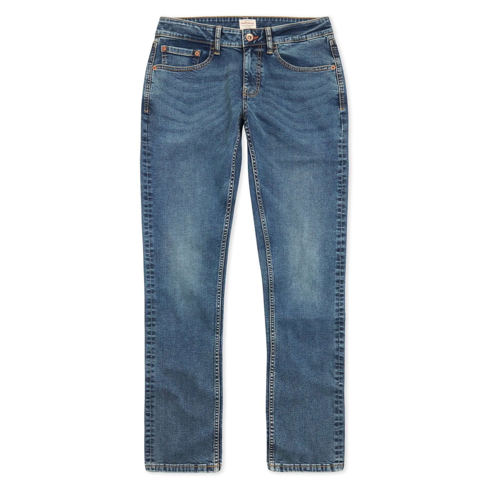 Slim fit denim jeans in rocker blue, featuring all-way stretch for comfort and a modern straight fit from knee down.