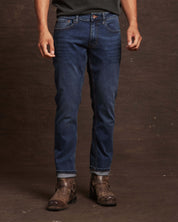 Slim fit denim jeans in soft blue, featuring a stretch fit for comfort and a stylish, clean look.